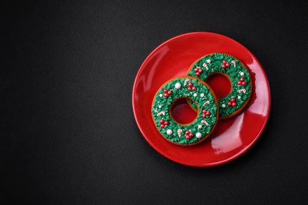 Beautiful bright colorful homemade gingerbread cookies on a ceramic plate on a dark concrete backgroundの写真素材