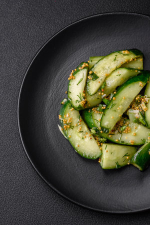 Delicious juicy cucumber cut into large slices with salt, spices and french mustard on a dark concrete backgroundの写真素材