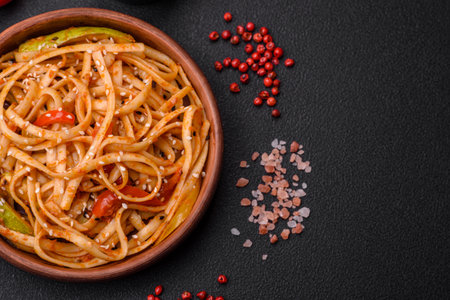 Delicious asian udon dish with vegetables, mushrooms, salt and spices on a ceramic plate on a dark concrete backgroundの写真素材
