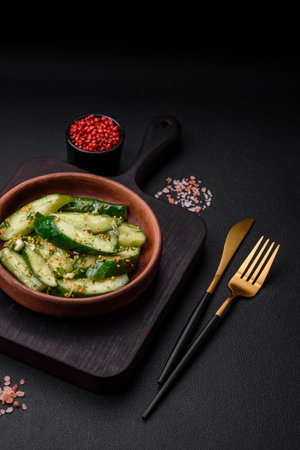 Delicious juicy cucumber cut into large slices with salt, spices and french mustard on a dark concrete backgroundの写真素材