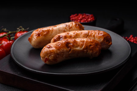 Delicious juicy grilled sausages with salt, spices and herbs on a ceramic plate on a dark concrete backgroundの写真素材