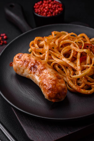 Delicious juicy grilled sausage with pasta or noodles with salt, spices and herbs on a ceramic plate on a dark concrete backgroundの写真素材