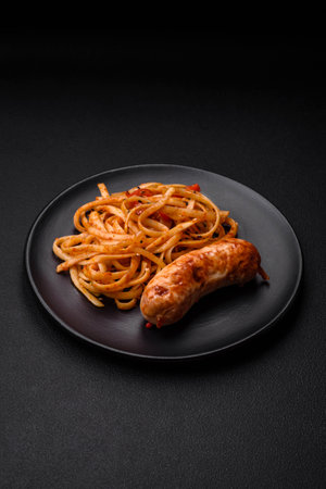 Delicious juicy grilled sausage with pasta or noodles with salt, spices and herbs on a ceramic plate on a dark concrete backgroundの写真素材
