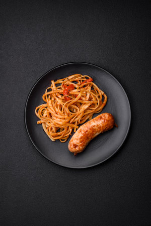 Delicious juicy grilled sausage with pasta or noodles with salt, spices and herbs on a ceramic plate on a dark concrete backgroundの写真素材