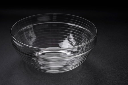 Transparent glass bowl as an element of kitchen utensils for cooking at home on a dark concrete backgroundの写真素材