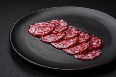 Delicious smoked sausage with bacon, salt, spices and herbs cut into slices on a wooden cutting boardの写真素材
