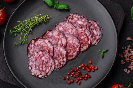 Delicious smoked sausage with bacon, salt, spices and herbs cut into slices on a wooden cutting boardの写真素材