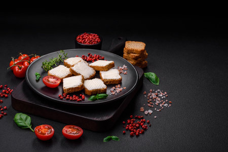 Delicious salty rectangular wheat croutons with cream cheese, tomatoes, salt and spices on a dark concrete backgroundの写真素材