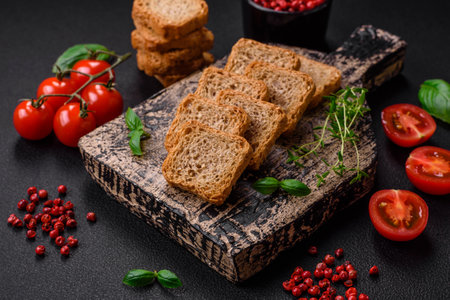 Delicious salted rectangular wheat croutons with salt and spices on a dark concrete backgroundの写真素材