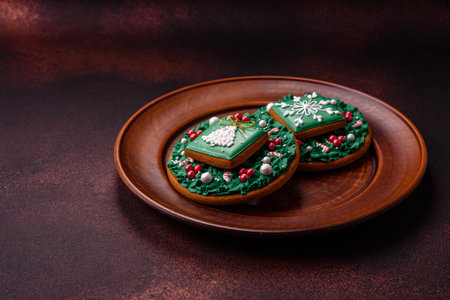 Beautiful delicious Christmas gingerbread on a concrete texture background. christmas decoration