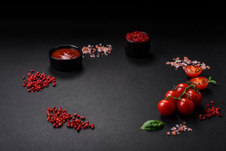 Ingredients for cooking cherry tomatoes, salt, spices and herbs on a dark concrete backgroundの写真素材
