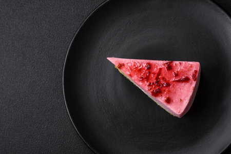 Delicious sweet dessert cheesecake with raspberry and pistachio flavor on textured concrete backgroundの写真素材