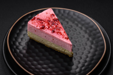 Delicious sweet dessert cheesecake with raspberry and pistachio flavor on textured concrete backgroundの写真素材