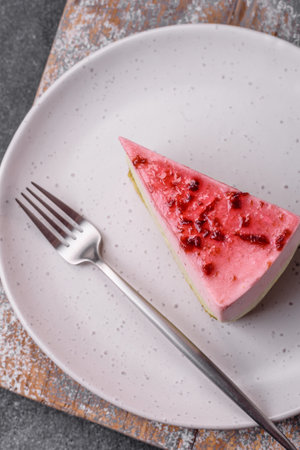 Delicious sweet dessert cheesecake with raspberry and pistachio flavor on textured concrete backgroundの写真素材