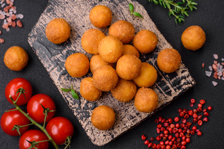 Delicious fried potato balls with breaded mozzarella, salt, spices and herbs on a dark concrete backgroundの写真素材