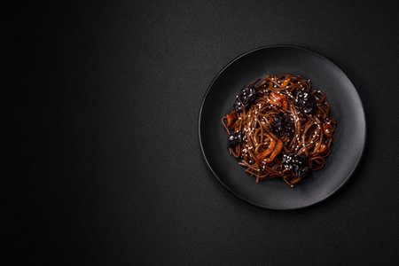 Delicious fresh buckwheat noodles or udon with mushrooms, peppers and other vegetables, spices and herbs on a dark concrete backgroundの写真素材