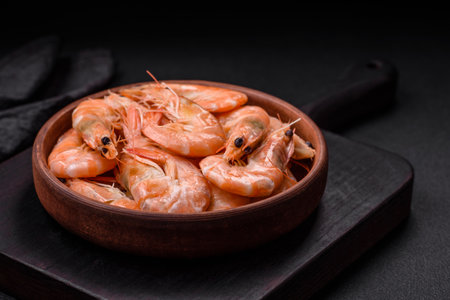 Delicious fresh boiled tiger prawns with salt and spices on a ceramic plate on a dark concrete backgroundの写真素材