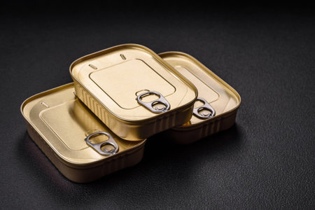 Tin or aluminum rectangular can of canned food with a key on a dark concrete backgroundの写真素材