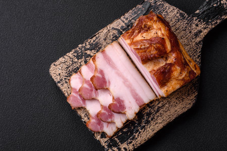 Delicious calorie smoked bacon with salt, spices and herbs on a dark concrete backgroundの写真素材