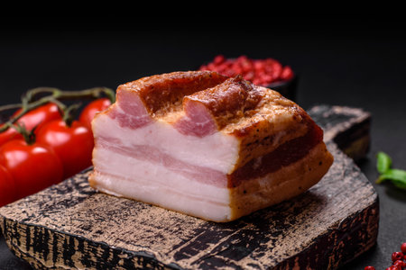 Delicious calorie smoked bacon with salt, spices and herbs on a dark concrete backgroundの写真素材