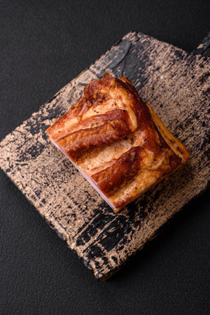 Delicious calorie smoked bacon with salt, spices and herbs on a dark concrete backgroundの写真素材
