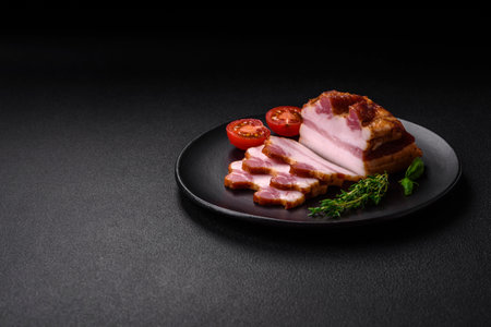 Delicious calorie smoked bacon with salt, spices and herbs on a dark concrete backgroundの写真素材