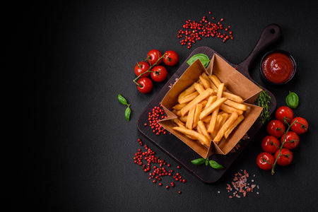 Delicious crispy french fries with salt and spices in a cardboard box on a dark concrete background