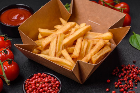 Delicious crispy french fries with salt and spices in a cardboard box on a dark concrete background