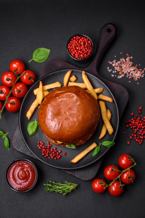 Burger with juicy beef cutlet, cheese, tomatoes, salt, spices and herbs on a dark concrete backgroundの写真素材