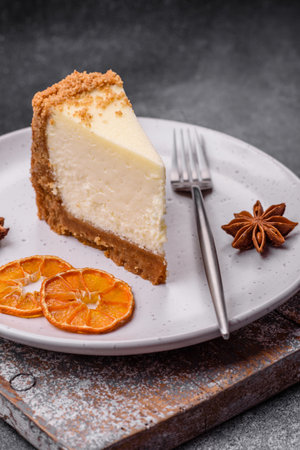Delicious sweet cheesecake cake on textured concrete background. Delicious breakfast dessertの写真素材