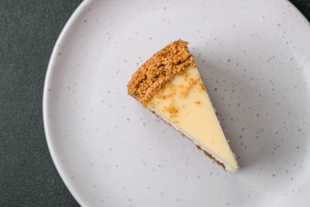 Delicious sweet cheesecake cake on textured concrete background. Delicious breakfast dessert