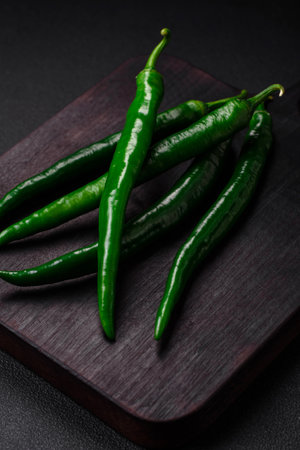 Fresh hot green chili peppers on a dark concrete background. Hot Sauce Ingredients