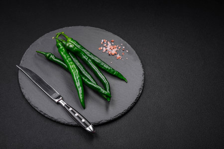 Fresh hot green chili peppers on a dark concrete background. Hot Sauce Ingredients