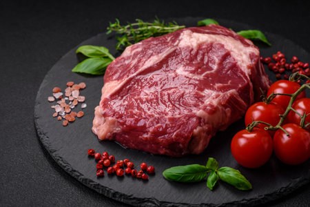 Fresh, raw beef steak with salt, spices and herbs on a dark textured backgroundの写真素材