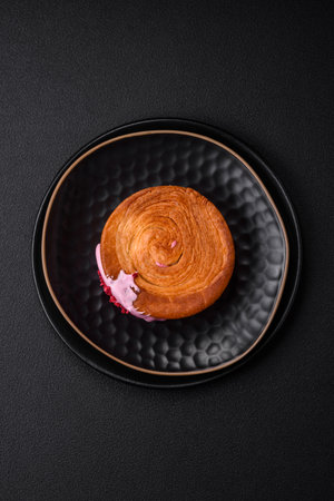 Round puff pastry croissant with raspberry filling or new york roll on dark concrete background