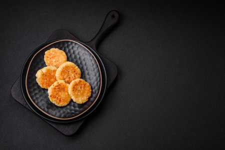Delicious fresh cottage cheesecakes with raisins and vanilla on a black ceramic plate on a dark...