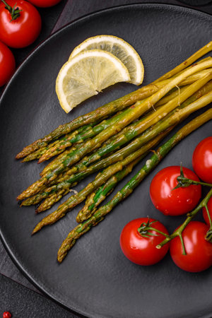 Delicious nutritious breakfast consisting of asparagus, tomatoes, salt, spices and herbs on a dark concrete backgroundの写真素材