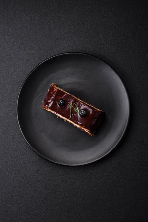 Delicious sweet dessert cheesecake with candied fruits in chocolate on a dark concrete background