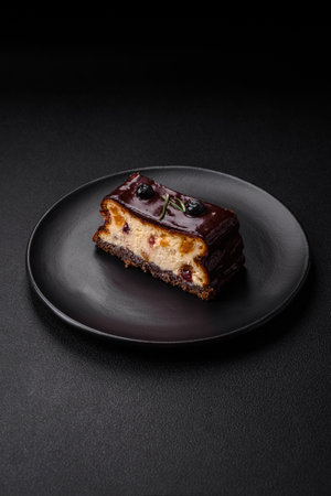 Delicious sweet dessert cheesecake with candied fruits in chocolate on a dark concrete background