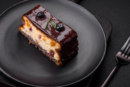 Delicious sweet dessert cheesecake with candied fruits in chocolate on a dark concrete backgroundの写真素材