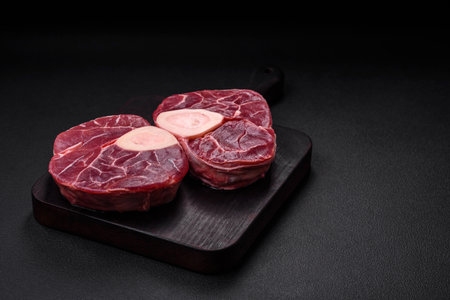 Fresh raw beef steak with bone or ossobuco with salt, spices and herbs on dark concrete backgroundの写真素材