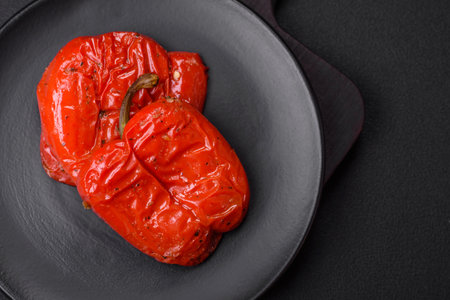 Delicious juicy grilled peppers with spices and herbs on a dark concrete backgroundの写真素材