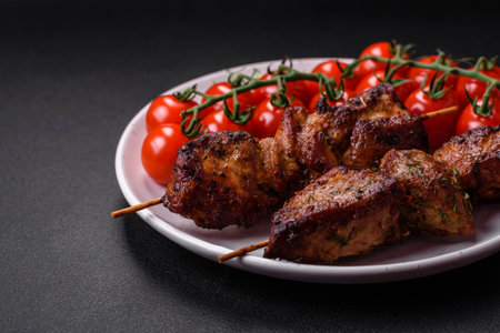 Delicious grilled chicken, turkey or pork skewers with salt, spices and herbs on a fire on a dark concrete backgroundの写真素材