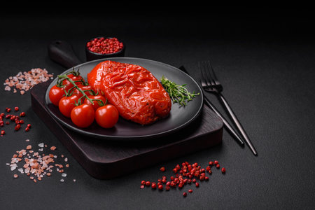 Delicious juicy grilled peppers with spices and herbs on a dark concrete backgroundの写真素材