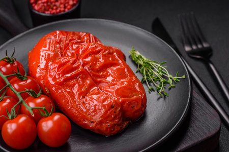 Delicious juicy grilled peppers with spices and herbs on a dark concrete backgroundの写真素材