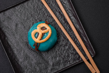 Delicious sweet colorful mochi desserts or ice cream with rice dough and toppings on a dark concrete backgroundの写真素材