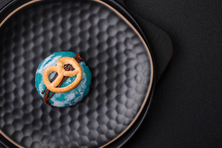 Delicious sweet colorful mochi desserts or ice cream with rice dough and toppings on a dark concrete backgroundの写真素材