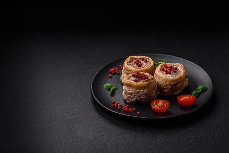 Delicious baked meat roll wrapped in bacon with salt, spices and herbs on a dark concrete backgroundの写真素材