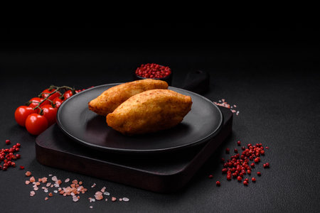 Delicious baked potato cutlet stuffed with chicken and vegetables, spices and salt on a dark...