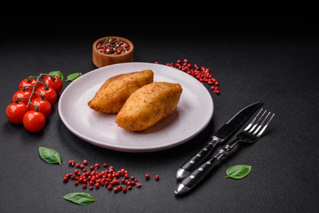 Delicious baked potato cutlet stuffed with chicken and vegetables, spices and salt on a dark...